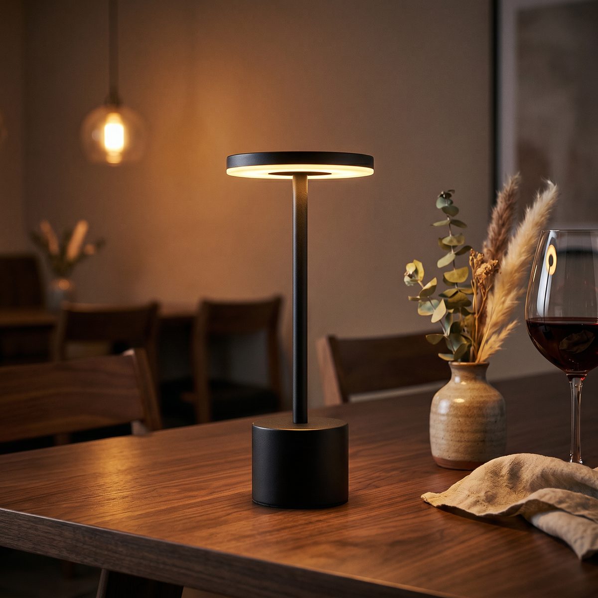 Matte Black Cordless Table Lamp Disc Head Design