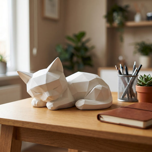 Geometric Low-Poly Sleeping Cat Sculpture Matte White