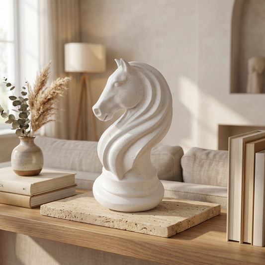 Chess Knight Horse Head Sculpture Matte White Speckled Resin