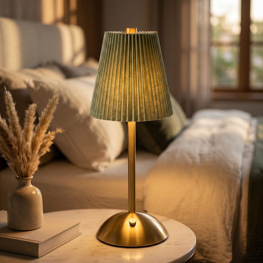 Brass Cordless Table Lamp Pleated Sage Green Shade