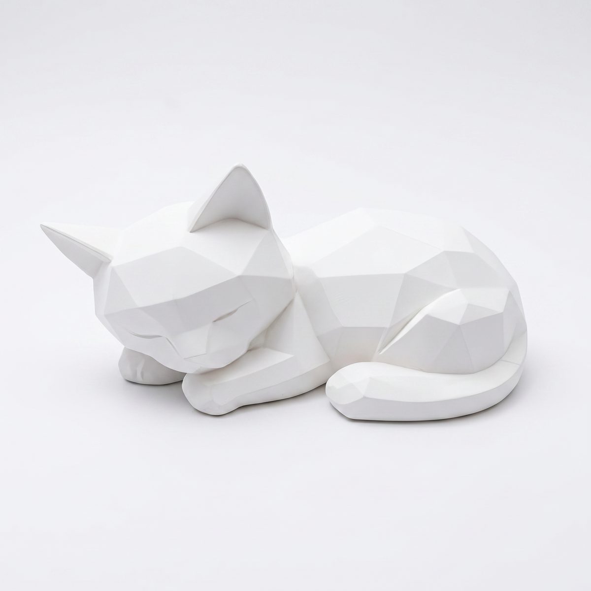 Geometric Low-Poly Sleeping Cat Sculpture Matte White