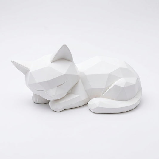Geometric Low-Poly Sleeping Cat Sculpture Matte White