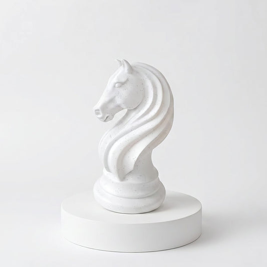 Chess Knight Horse Head Sculpture Matte White Speckled Resin