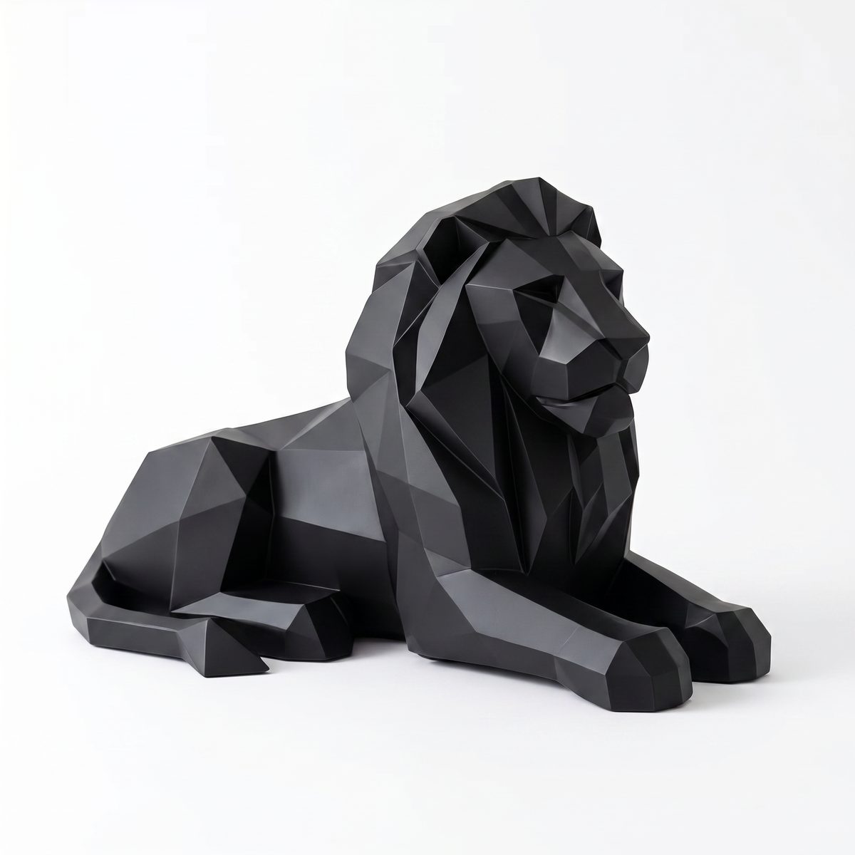 Geometric Low-Poly Lion Sculpture Matte Black Resin