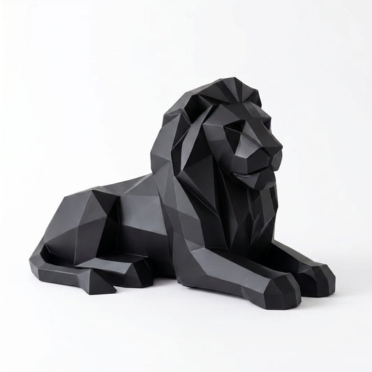 Geometric Low-Poly Lion Sculpture Matte Black Resin