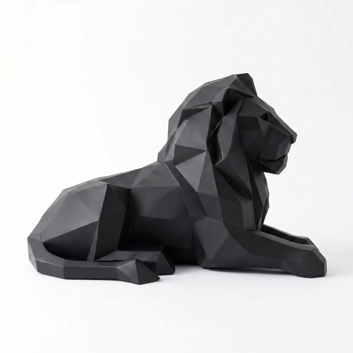Geometric Low-Poly Lion Sculpture Matte Black Resin