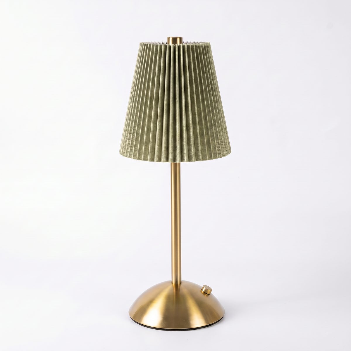 Brass Cordless Table Lamp Pleated Sage Green Shade