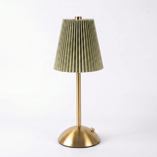 Brass Cordless Table Lamp Pleated Sage Green Shade