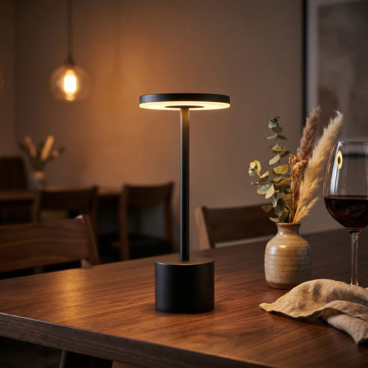 Matte Black Cordless Table Lamp Disc Head Design