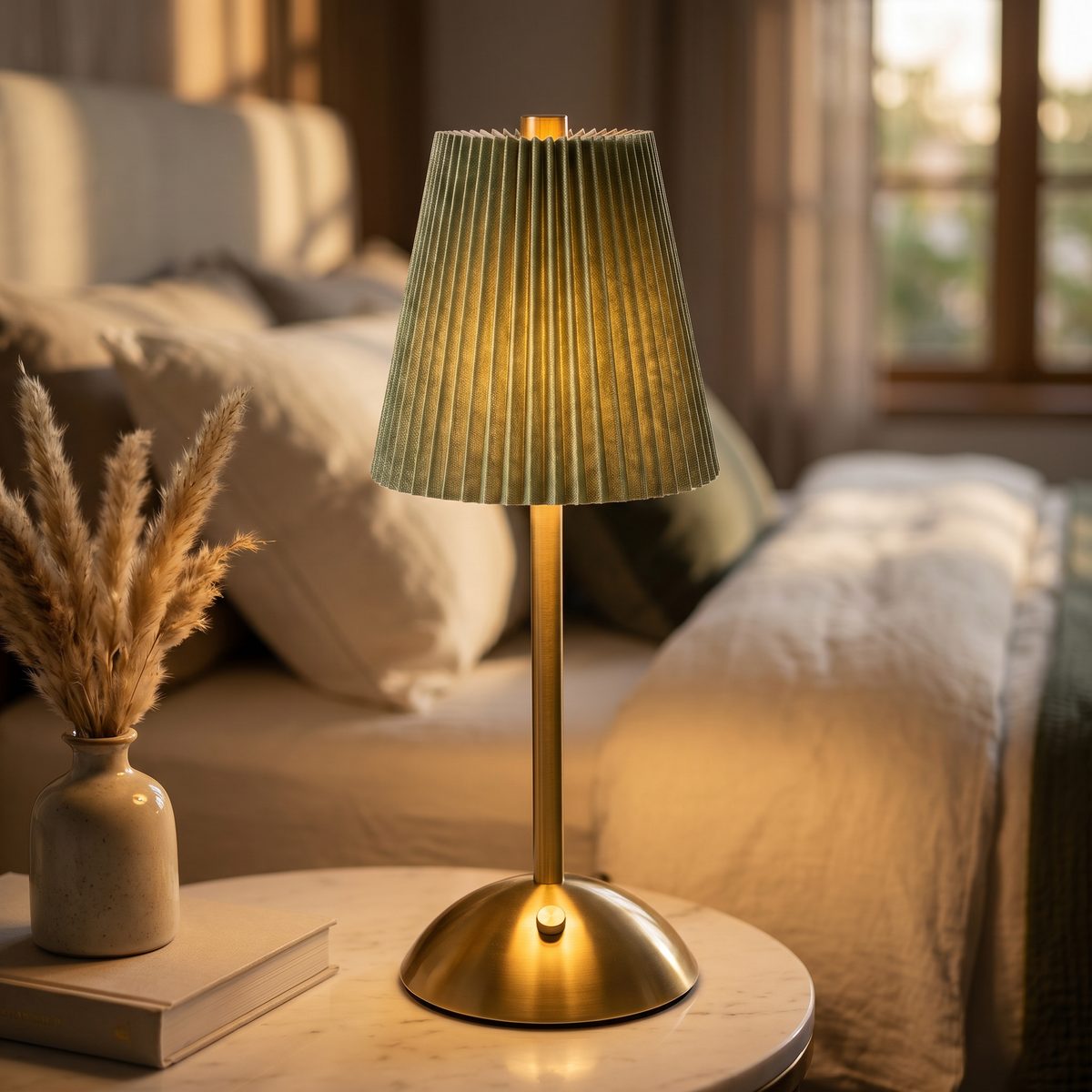 Brass Cordless Table Lamp Pleated Sage Green Shade
