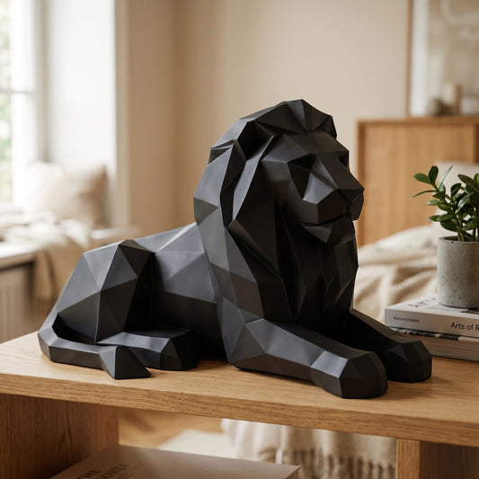 Geometric Low-Poly Lion Sculpture Matte Black Resin